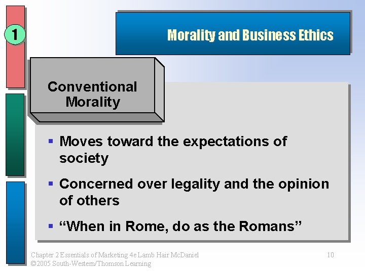 1 Morality and Business Ethics Conventional Morality § Moves toward the expectations of society