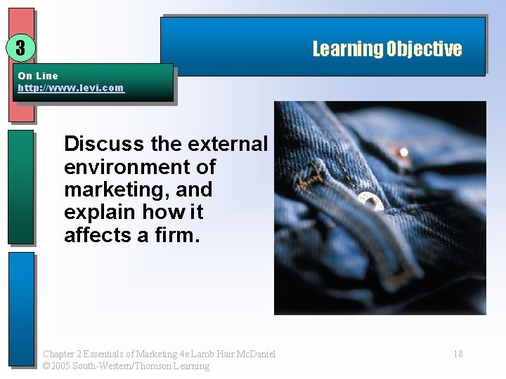 3 Learning Objective On Line http: //www. levi. com Discuss the external environment of