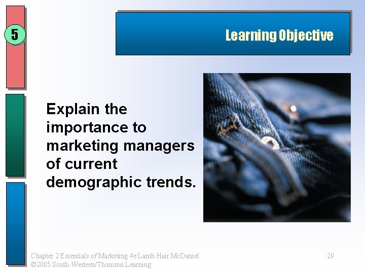 5 Learning Objective Explain the importance to marketing managers of current demographic trends. Chapter