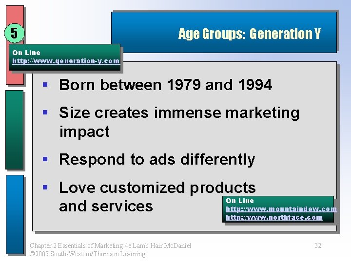 5 Age Groups: Generation Y On Line http: //www. generation-y. com § Born between