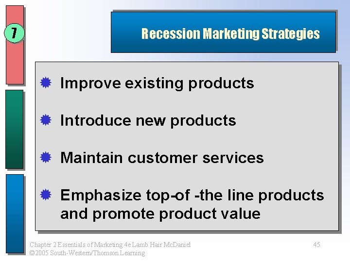 7 Recession Marketing Strategies ® Improve existing products ® Introduce new products ® Maintain