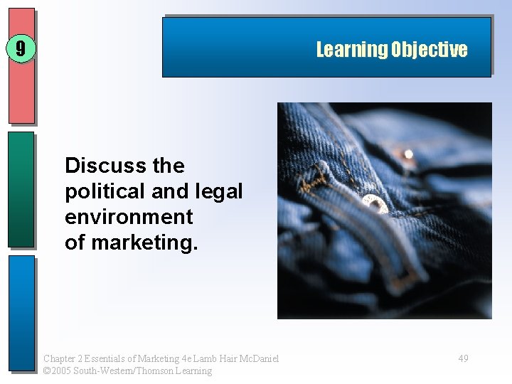9 Learning Objective Discuss the political and legal environment of marketing. Chapter 2 Essentials