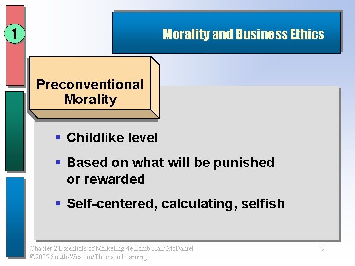 1 Morality and Business Ethics Preconventional Morality § Childlike level § Based on what