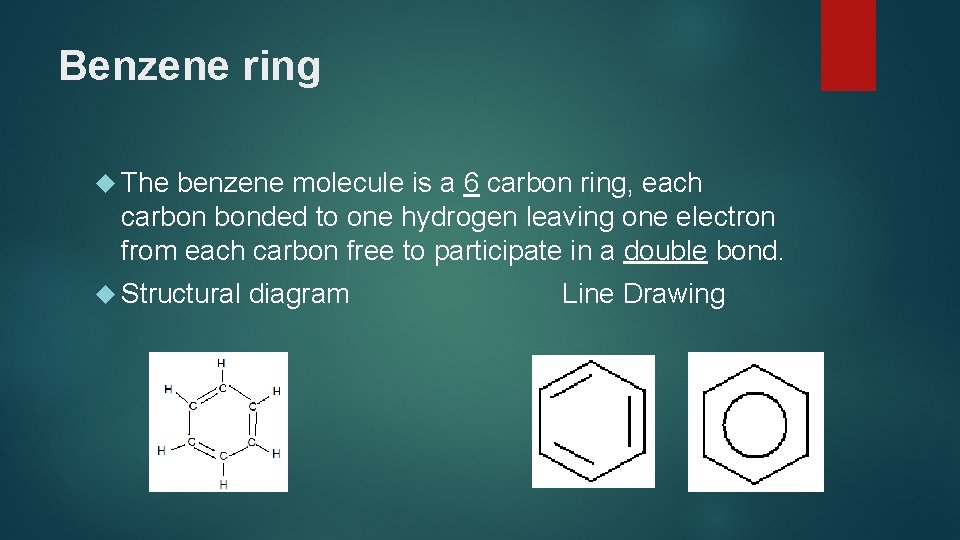 Benzene ring The benzene molecule is a 6 carbon ring, each carbon bonded to