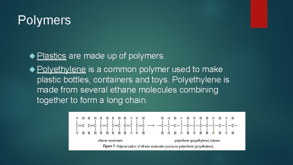 Polymers Plastics are made up of polymers. Polyethylene is a common polymer used to