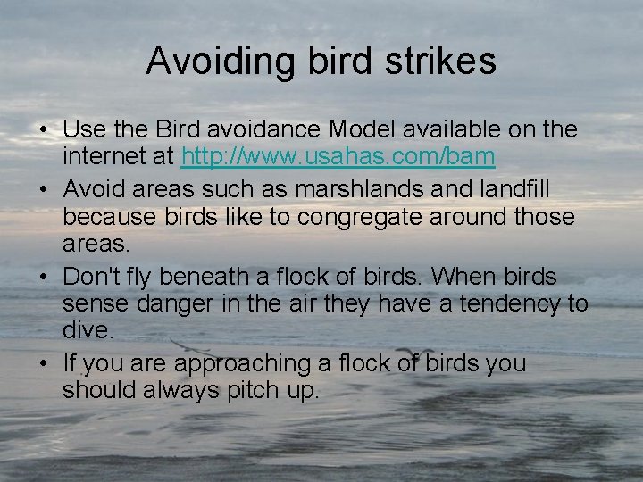 Avoiding bird strikes • Use the Bird avoidance Model available on the internet at
