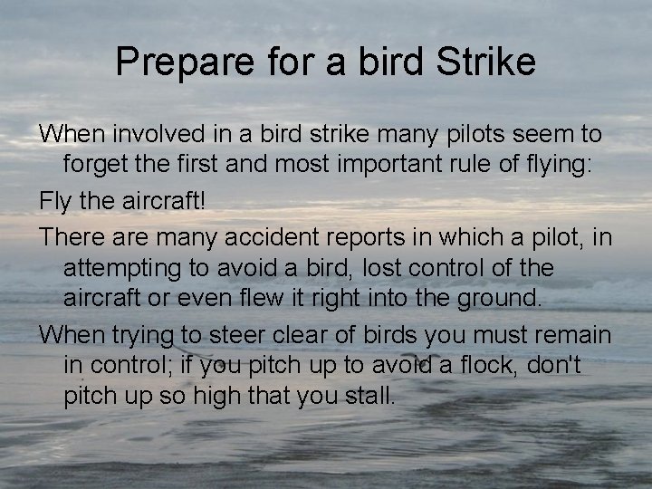 Prepare for a bird Strike When involved in a bird strike many pilots seem