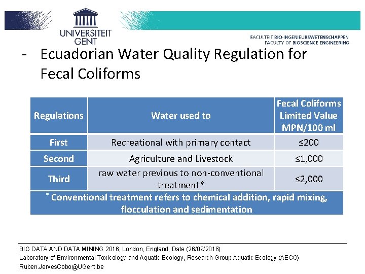 - Ecuadorian Water Quality Regulation for Fecal Coliforms Regulations Water used to First Recreational