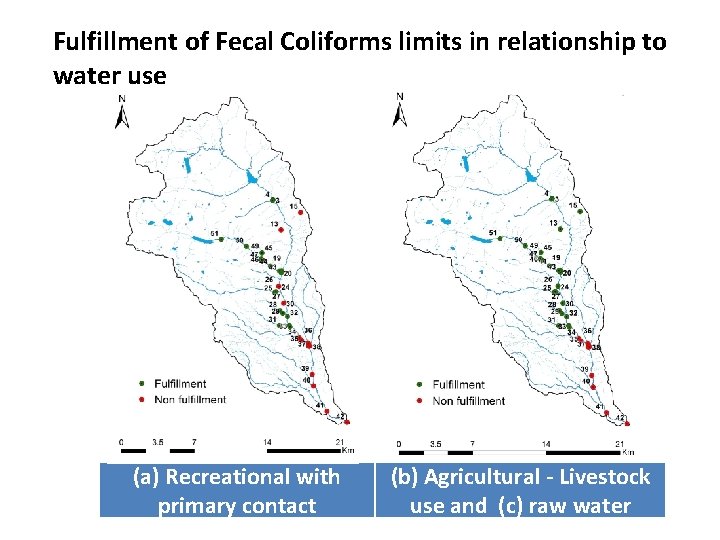 Fulfillment of Fecal Coliforms limits in relationship to water use (a) Recreational with primary