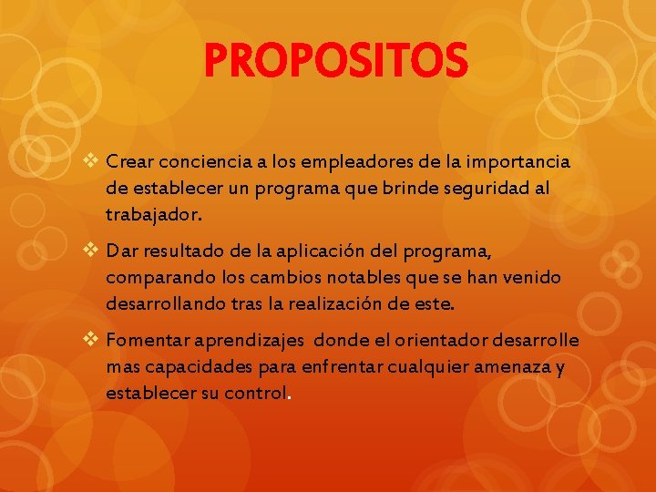 PROPOSITOS v Crear conciencia a los empleadores de la importancia de establecer un programa