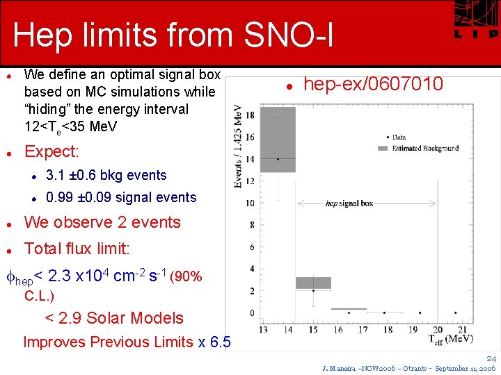 Hep limits from SNO-I We define an optimal signal box based on MC simulations