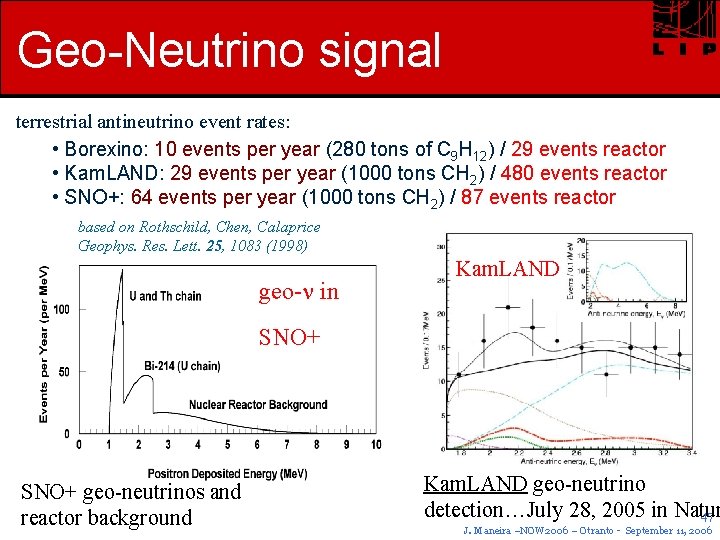 Geo-Neutrino signal terrestrial antineutrino event rates: • Borexino: 10 events per year (280 tons