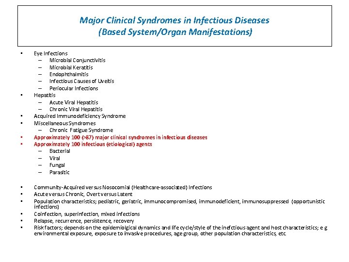 Major Clinical Syndromes in Infectious Diseases (Based System/Organ Manifestations) • • • Eye Infections