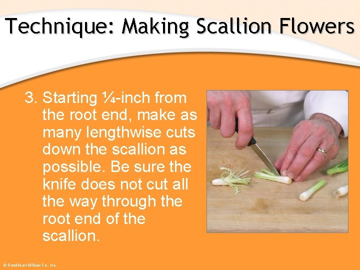 Technique: Making Scallion Flowers 3. Starting ¼-inch from the root end, make as many