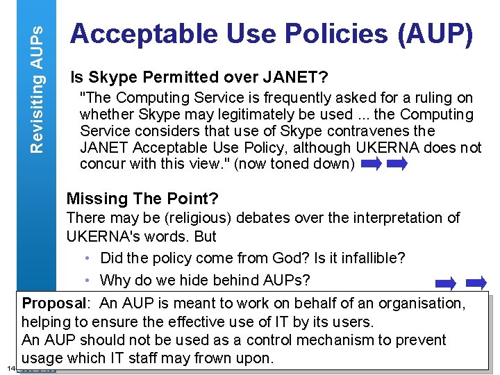 Revisiting AUPs Acceptable Use Policies (AUP) Is Skype Permitted over JANET? "The Computing Service