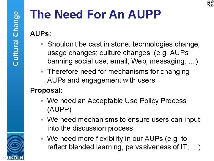 Cultural Change The Need For An AUPP AUPs: • Shouldn't be cast in stone: