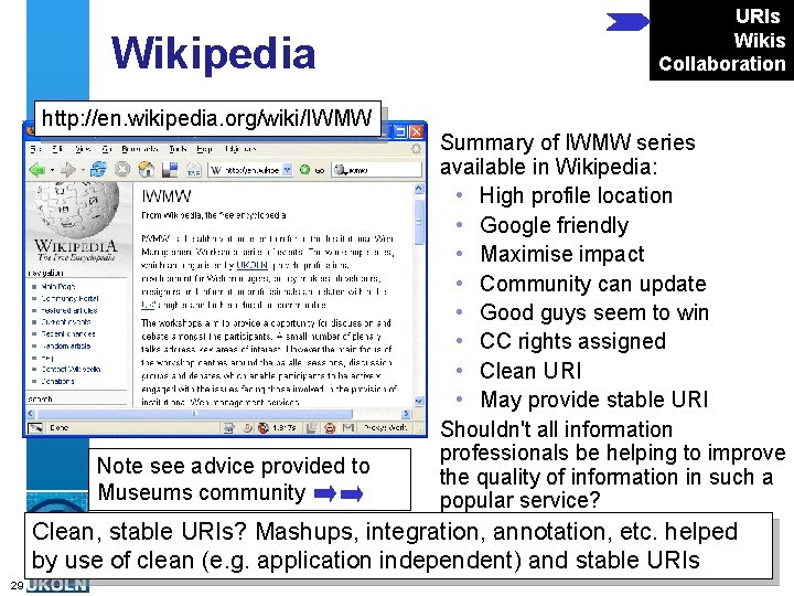 Wikipedia http: //en. wikipedia. org/wiki/IWMW Note see advice provided to Museums community URIs Wikis