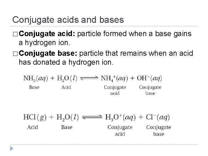 Conjugate acids and bases � Conjugate acid: particle formed when a base gains a