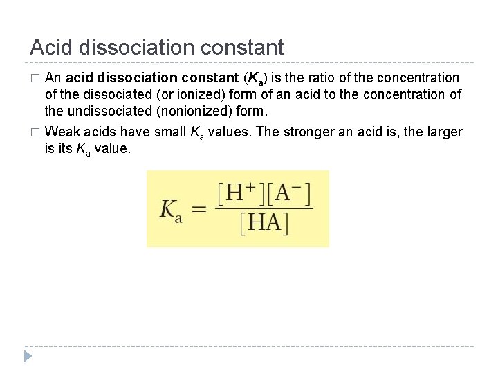 Acid dissociation constant An acid dissociation constant (Ka) is the ratio of the concentration