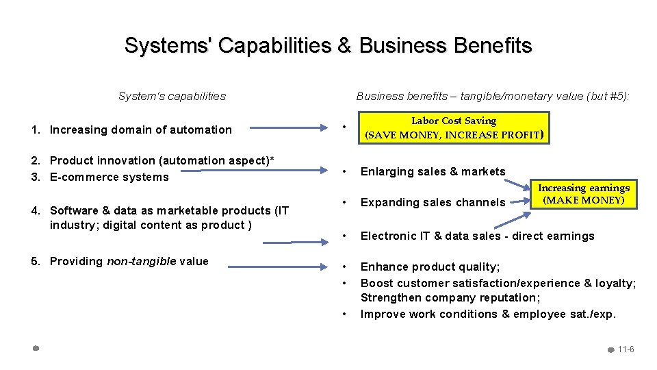 Systems' Capabilities & Business Benefits System's capabilities Business benefits – tangible/monetary value (but #5): Systems' Capabilities & Business Benefits System's capabilities Business benefits – tangible/monetary value (but #5):