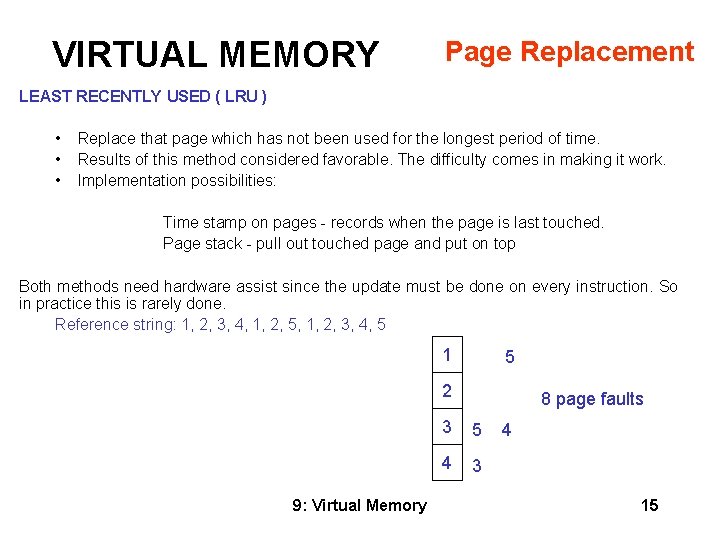 VIRTUAL MEMORY Page Replacement LEAST RECENTLY USED ( LRU ) • • • Replace