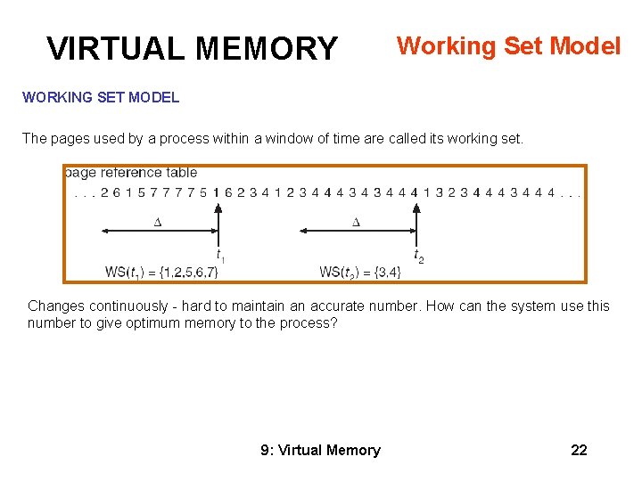 VIRTUAL MEMORY Working Set Model WORKING SET MODEL The pages used by a process