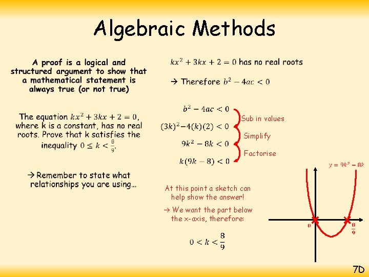 Algebraic Methods • Sub in values Simplify Factorise At this point a sketch can