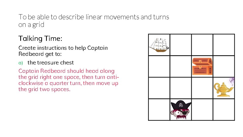 To be able to describe linear movements and turns on a grid Talking Time: