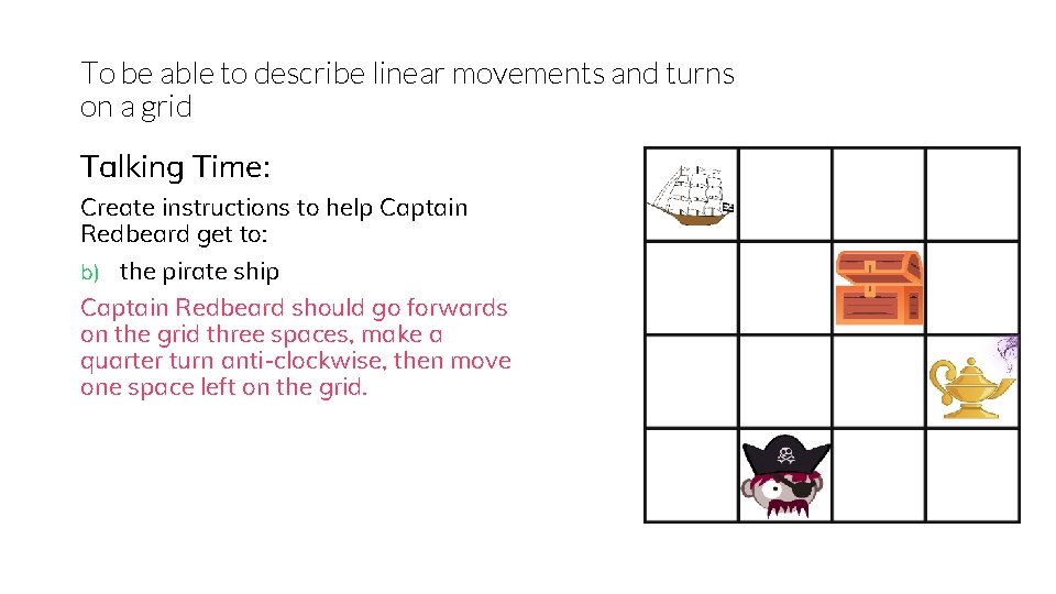 To be able to describe linear movements and turns on a grid Talking Time: