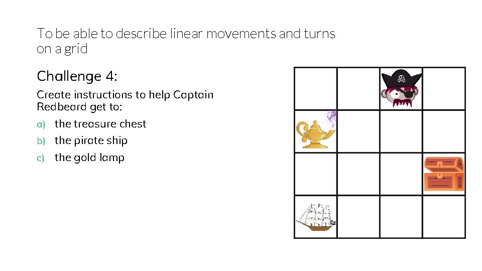 To be able to describe linear movements and turns on a grid Challenge 4: