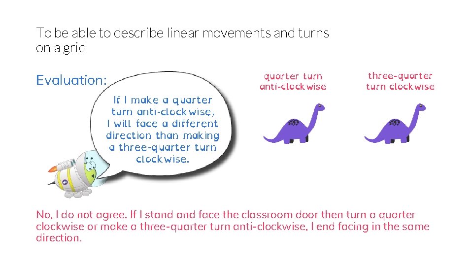 To be able to describe linear movements and turns on a grid Evaluation: If