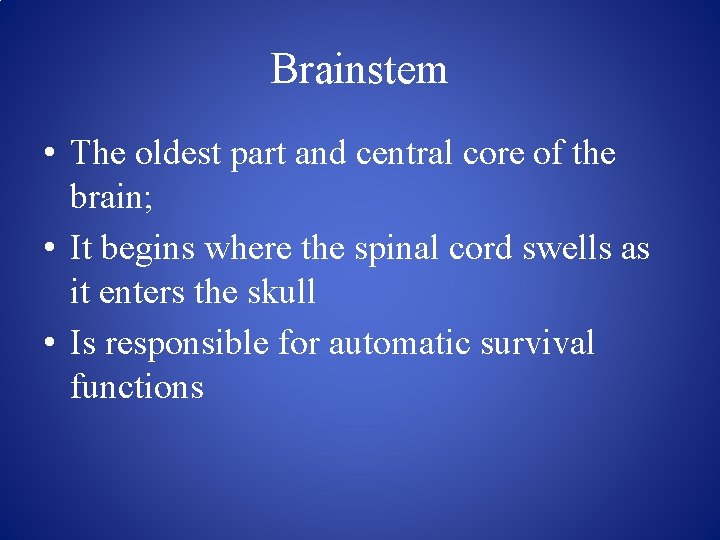 Brainstem • The oldest part and central core of the brain; • It begins