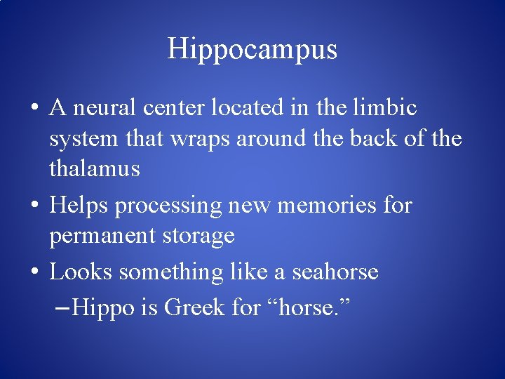 Hippocampus • A neural center located in the limbic system that wraps around the