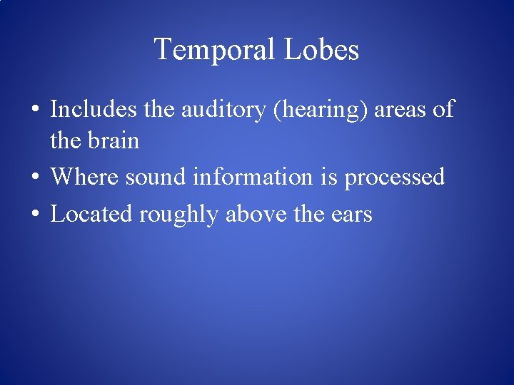 Temporal Lobes • Includes the auditory (hearing) areas of the brain • Where sound