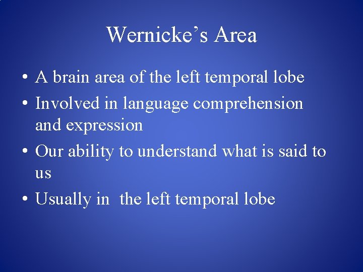 Wernicke’s Area • A brain area of the left temporal lobe • Involved in