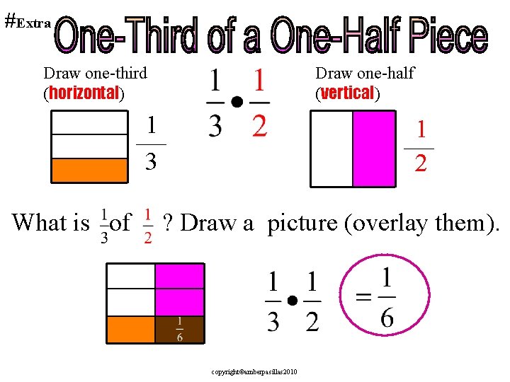 #Extra Draw one-third (horizontal) Draw one-half (vertical) 1 3 What is of 1 2