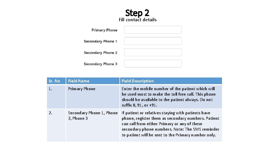 Step 2 Fill contact details Sr. No Field Name Field Description 1. Primary Phone