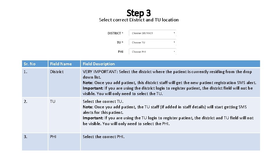 Step 3 Select correct District and TU location Sr. No Field Name Field Description