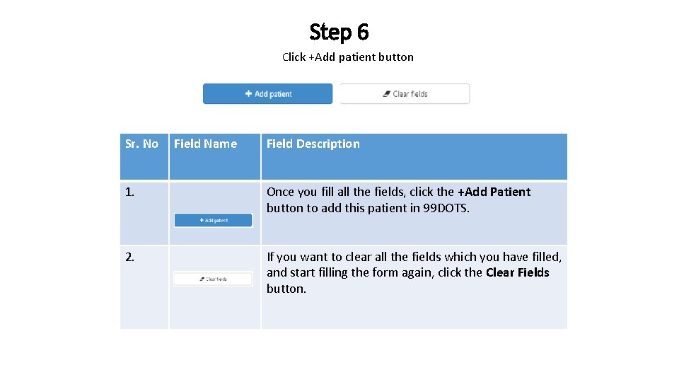 Step 6 Click +Add patient button Sr. No Field Name Field Description 1. Once