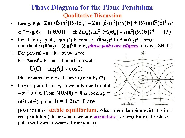 Phase Diagram for the Plane Pendulum • Qualitative Discussion Energy Eqtn: 2 mg sin