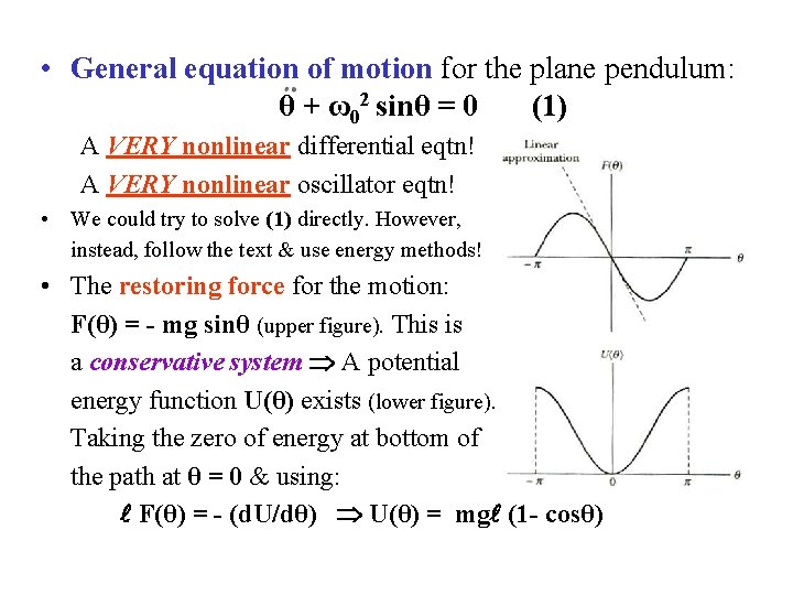  • General equation of motion for the plane pendulum: θ + ω02 sinθ
