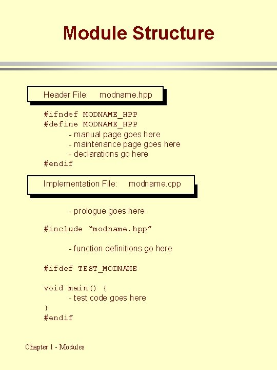 Module Structure Header File: modname. hpp #ifndef MODNAME_HPP #define MODNAME_HPP - manual page goes