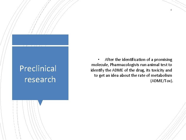 4 Preclinical research • After the identification of a promising molecule, Pharmacologists run animal