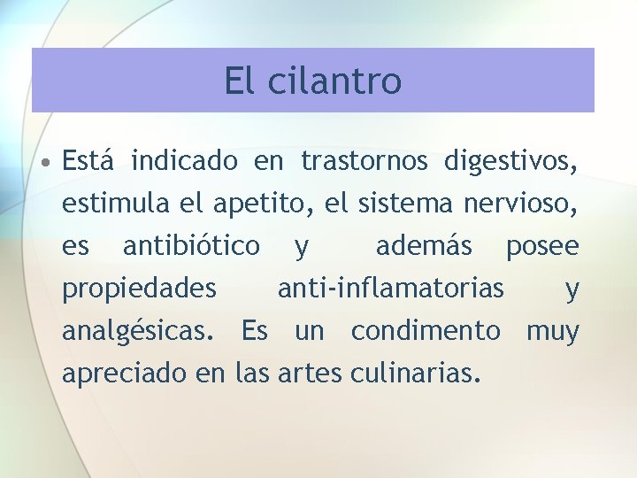 El cilantro • Está indicado en trastornos digestivos, estimula el apetito, el sistema nervioso,