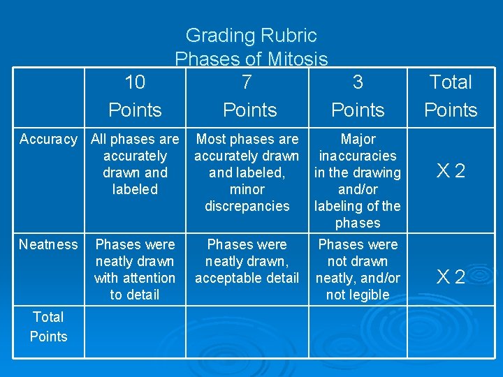 Grading Rubric Phases of Mitosis 10 7 3 Points Accuracy All phases are accurately