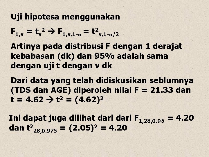 Uji hipotesa menggunakan F 1, v = tv 2 F 1, v, 1 -a