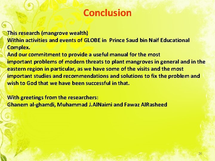 Conclusion This research (mangrove wealth) Within activities and events of GLOBE in Prince Saud