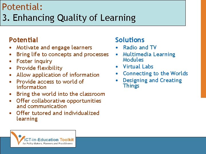 Potential: 3. Enhancing Quality of Learning Potential Solutions • • Radio and TV •