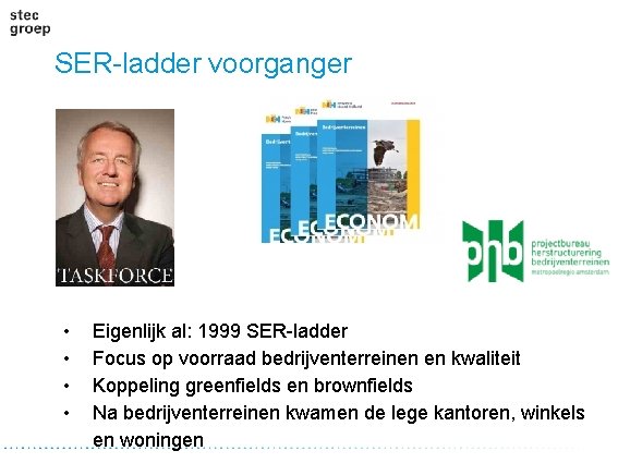 SER-ladder voorganger • • Eigenlijk al: 1999 SER-ladder Focus op voorraad bedrijventerreinen en kwaliteit