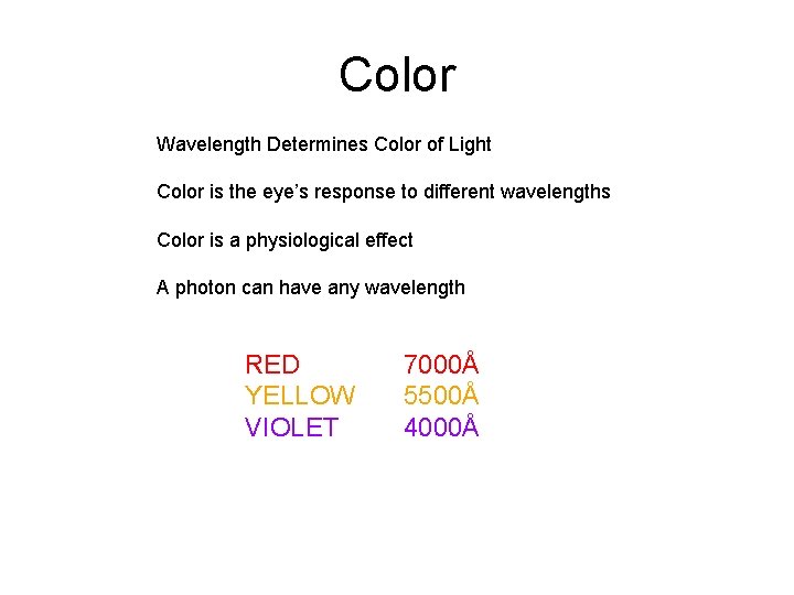 Color Wavelength Determines Color of Light Color is the eye’s response to different wavelengths